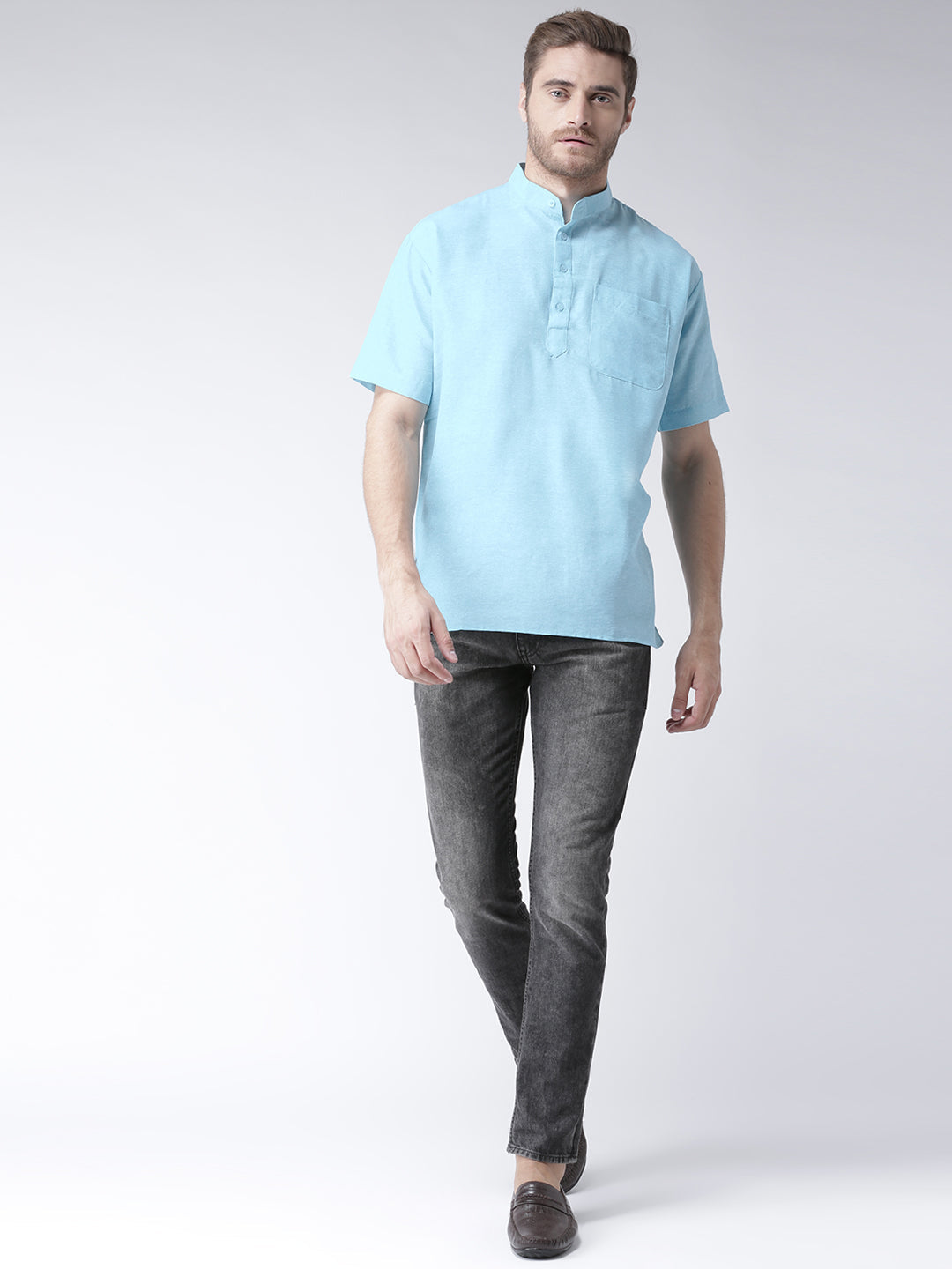 RIAG Men's Cotton Short Ethnic Kurta - Light Blue
