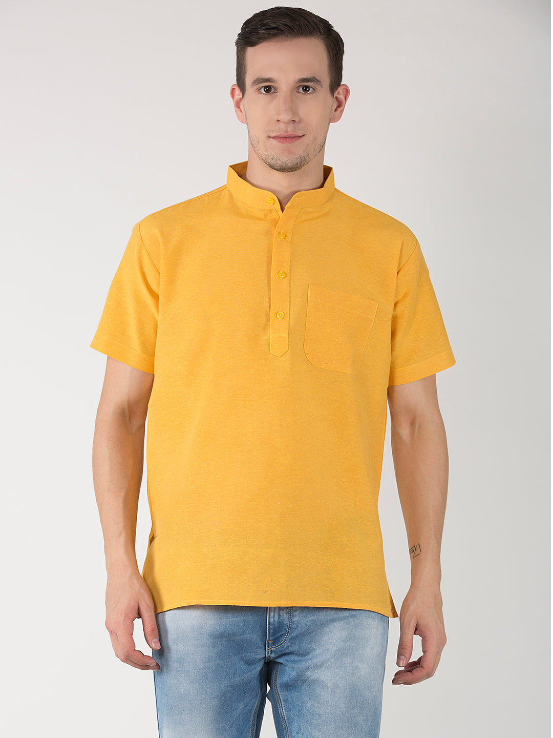 RIAG Men's Yellow Cotton Short Ethnic Kurta
