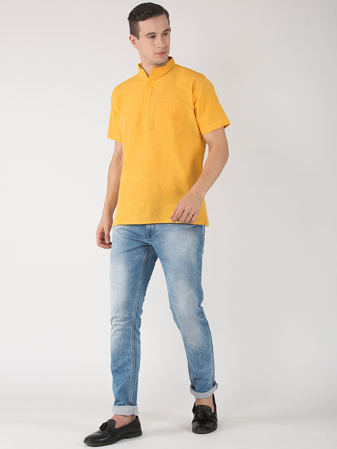 RIAG Men's Yellow Cotton Short Ethnic Kurta