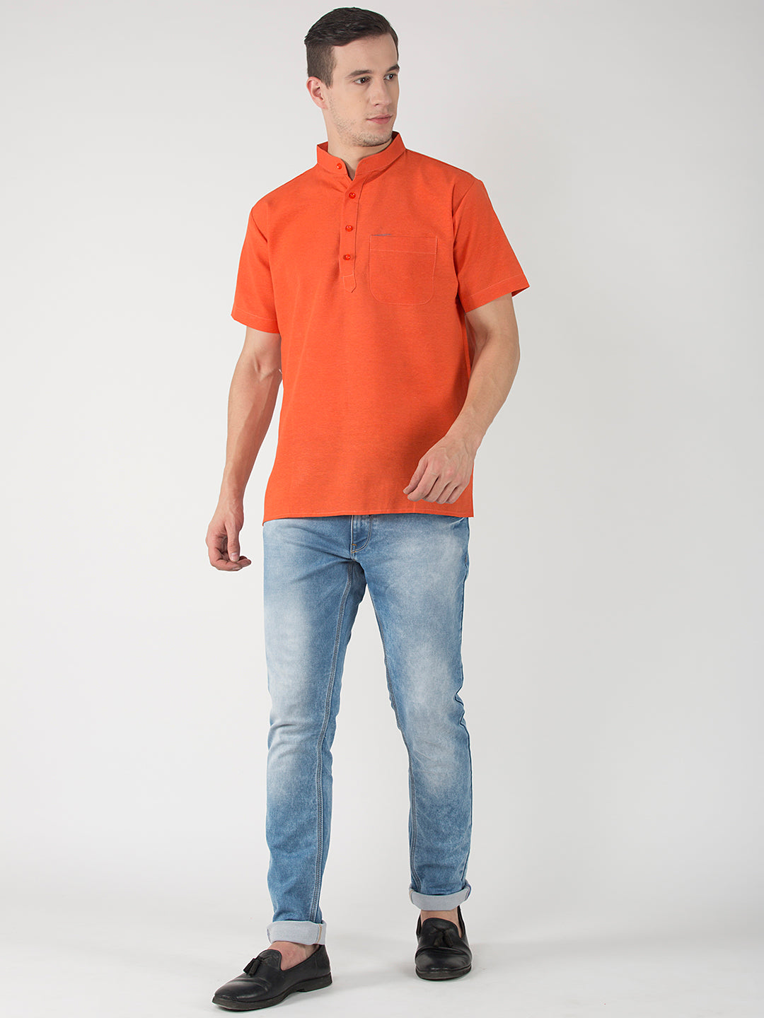 RIAG Men's Orange Cotton Short Ethnic Kurta