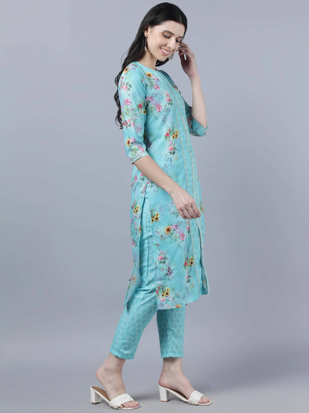 Myshka Women Blue Yellow Printed Kurta with Trousers