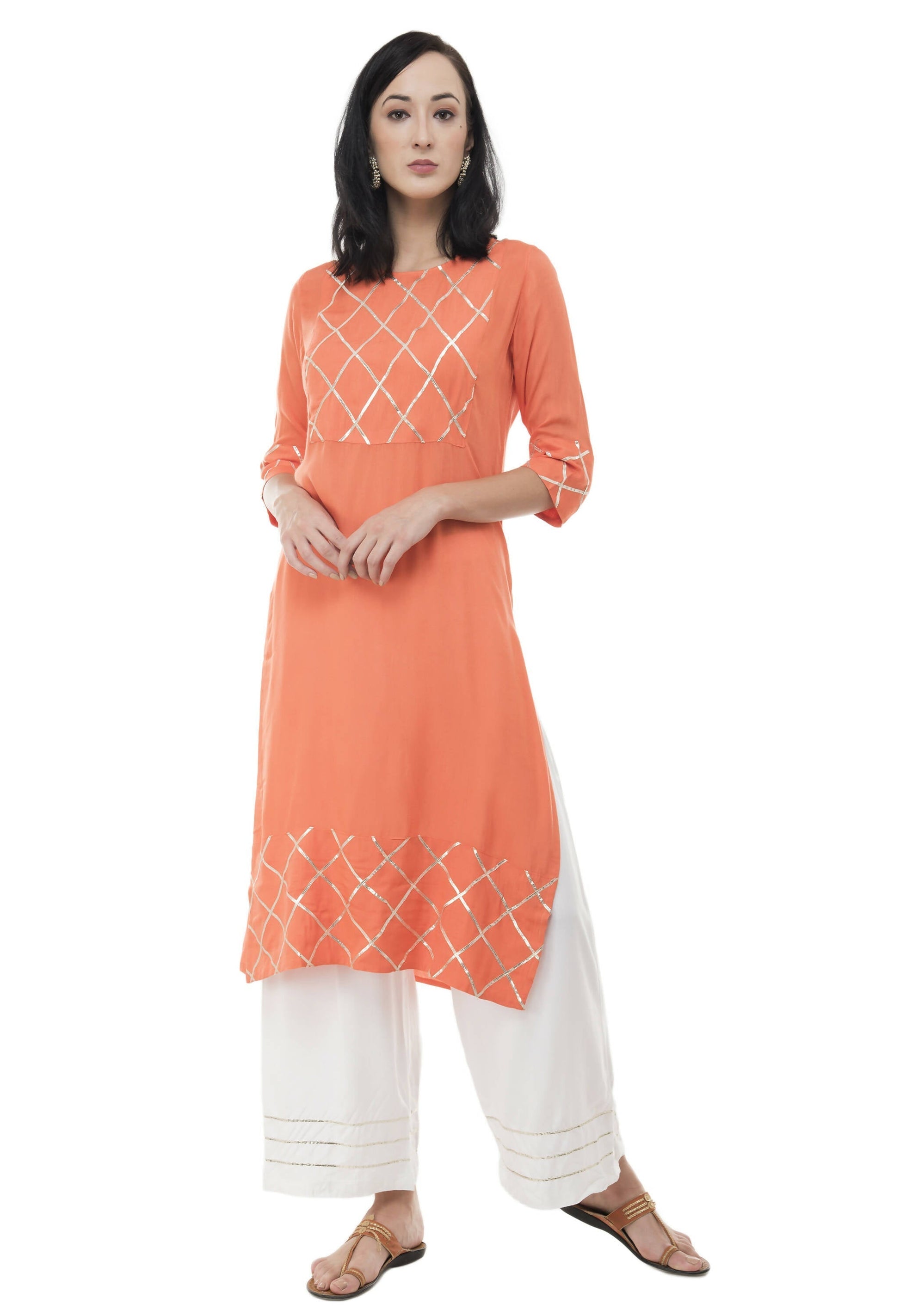 Women's Peach Kurti With Gota Work At Front, With Plain Palazzo - G & A Apparels 