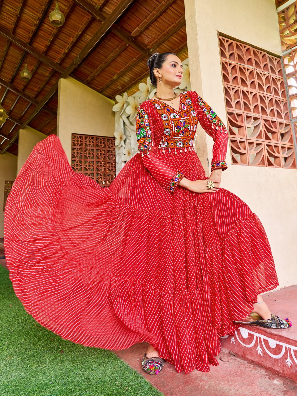 Prazu Fashion Red Georgette Bandhani Print Work With Kutchi Patch-Work Navaratri Gown