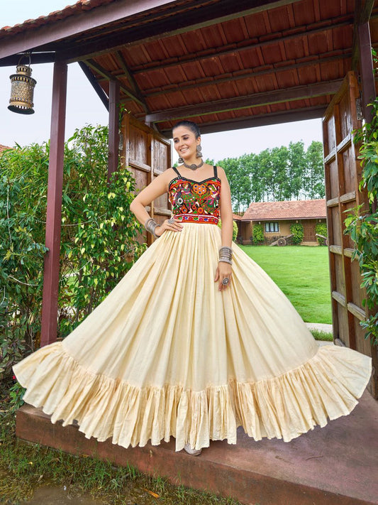Prazu Fashion Cream Soft Cotton With Gaamathi-Mirror Work Navaratri Gown