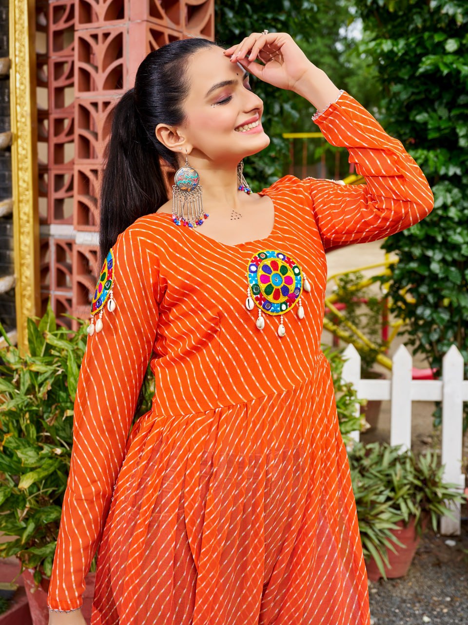 Prazu Fashion Fanta Georgette Bandhani Print Work With Kutchi Patch-Work Navaratri Kurti