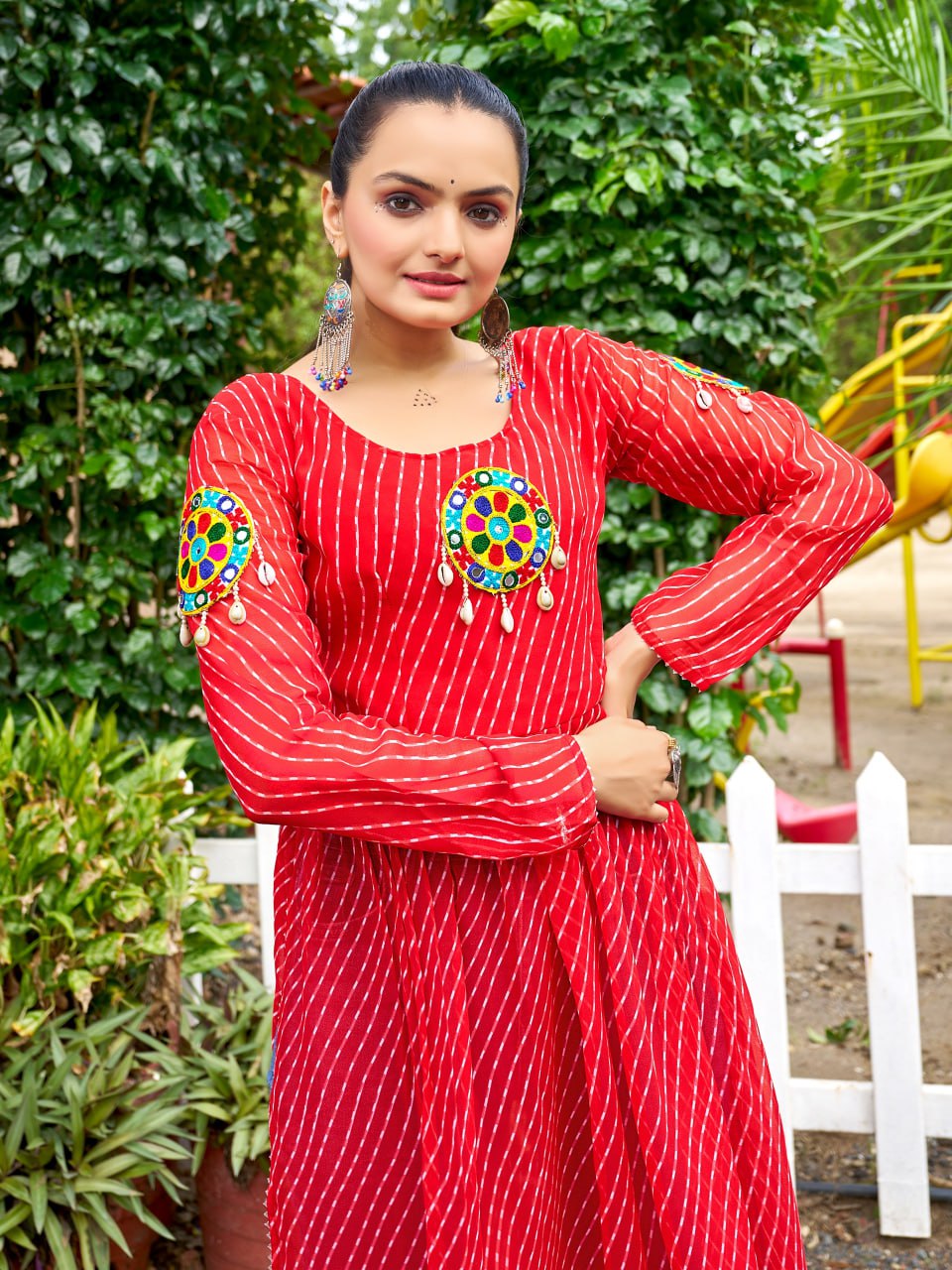 Prazu Fashion Red Georgette Bandhani Print Work With Kutchi Patch-Work Navaratri Kurti