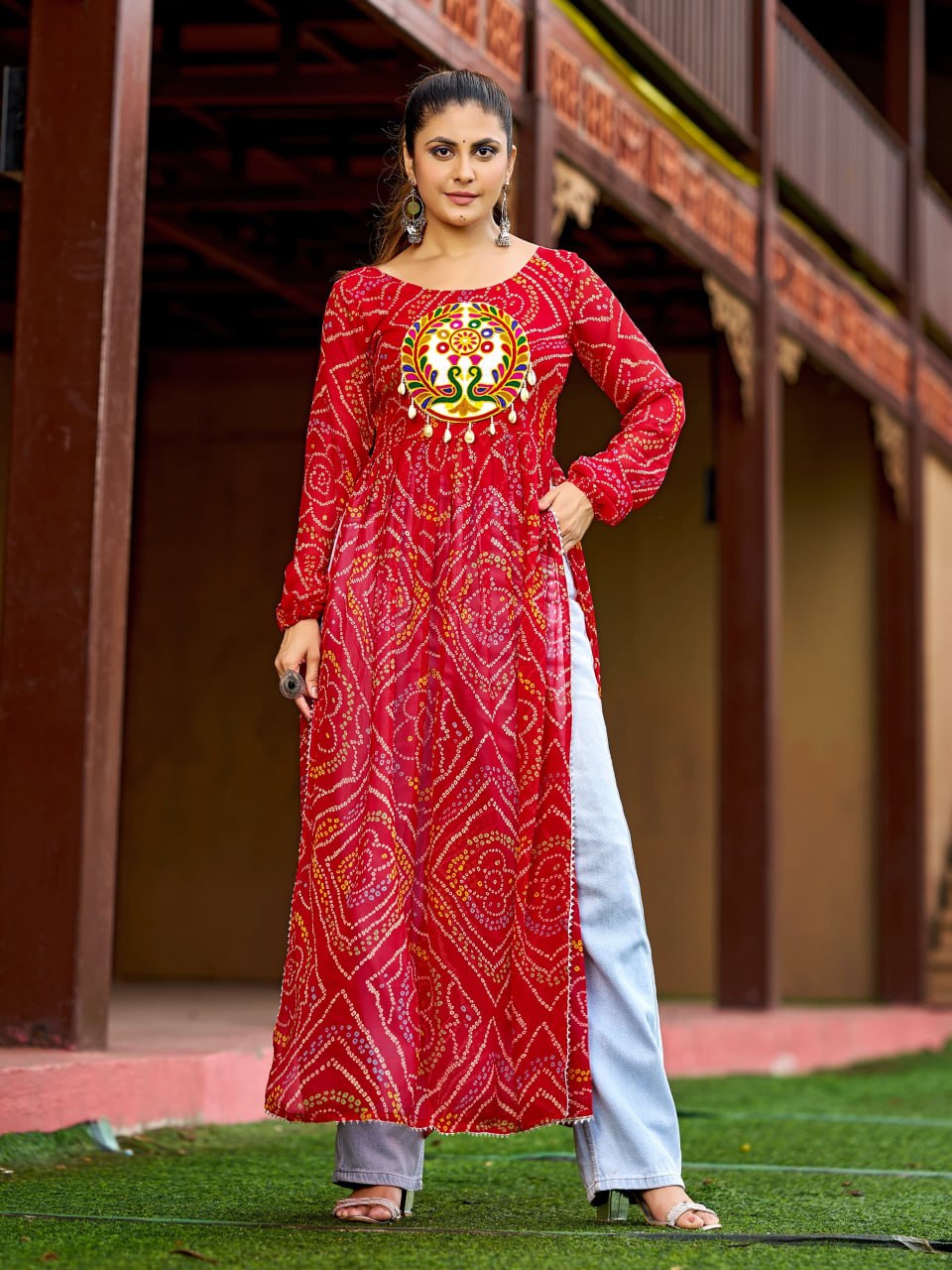 Prazu Fashion Red Georgette Bandhani Print Work With Kutchi Patch-Work Navaratri Kurti