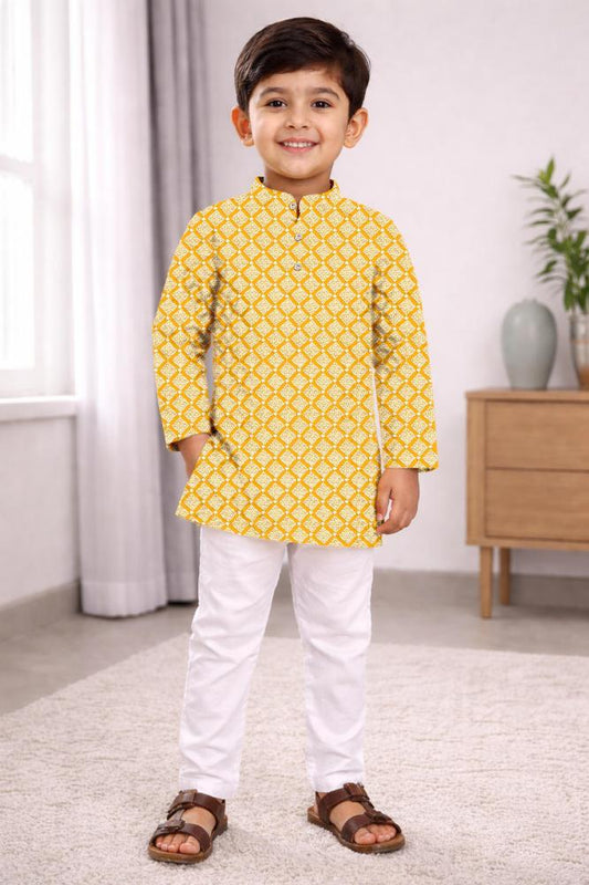 Neera Trendz Yellow Cotton Thread Embroidery Kid's Kurta Pajama