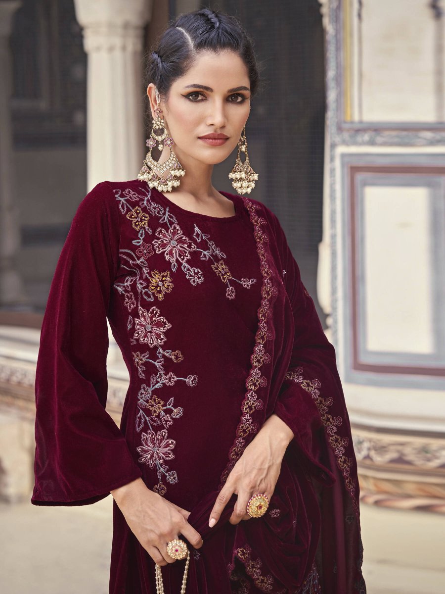 Aastha Fashion Women's Maroon Velvet Resham Thread with Jari & Sequin Kurta with Trouser & Dupatta - Grab2buy