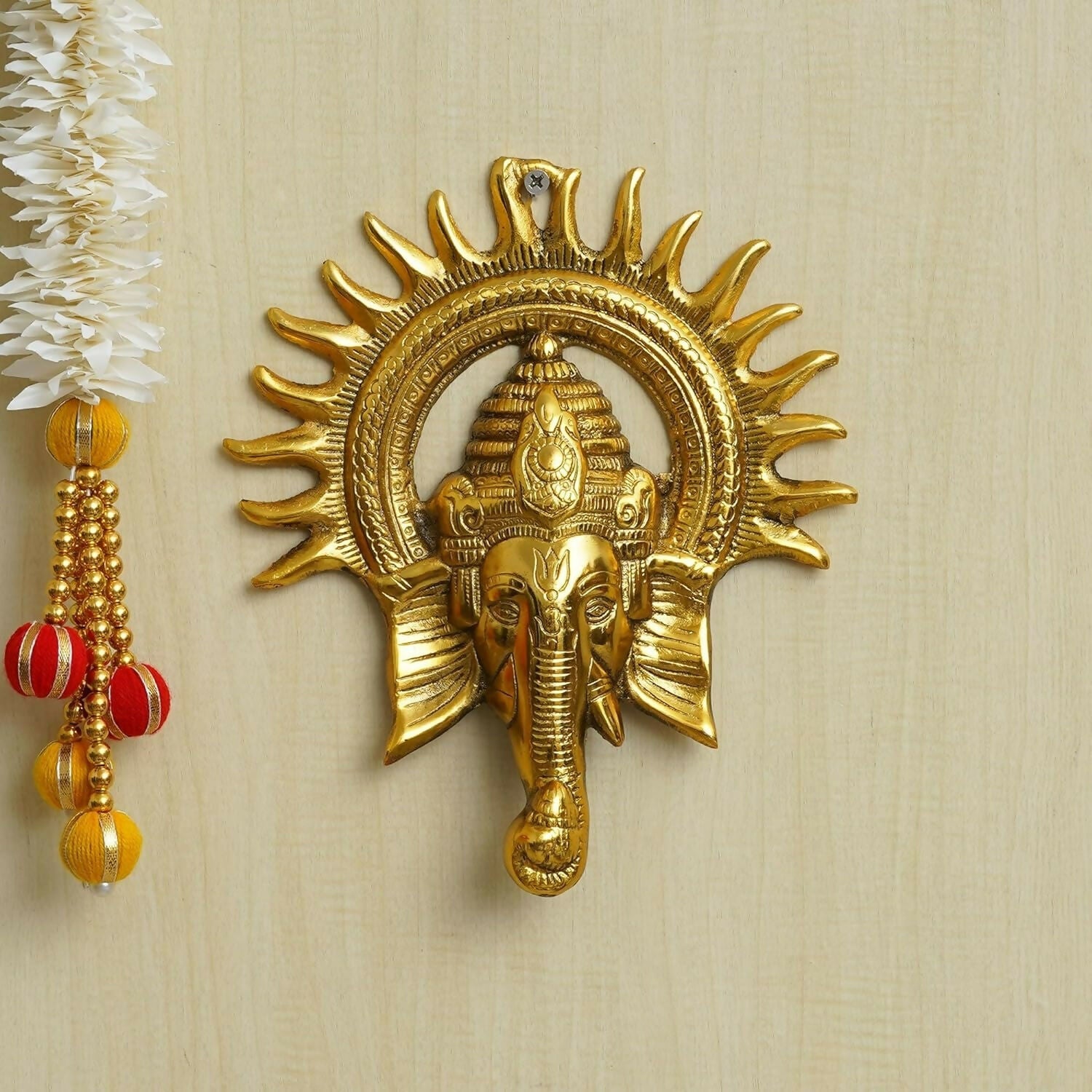 eCraftIndia Golden Lord Ganesha With Sun Decorative Metal Wall Hanging - Grab2buy