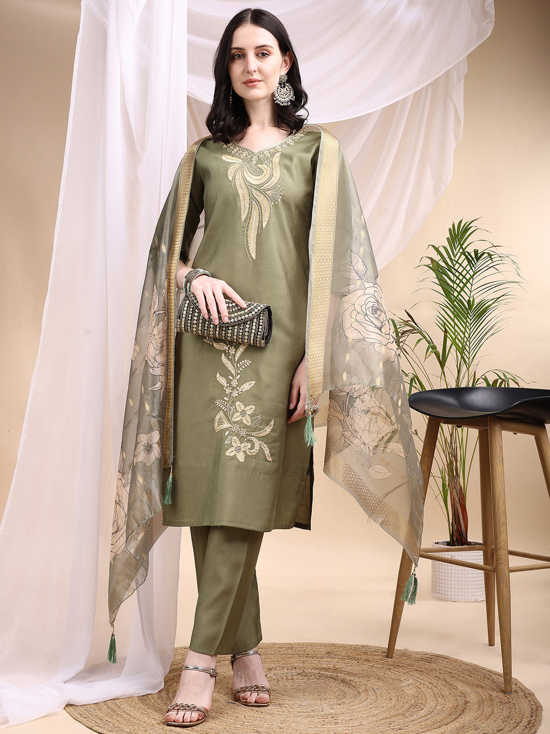 Embroidered Kurta With Pant & Printed Dupatta, Olive - Hiral Fashion