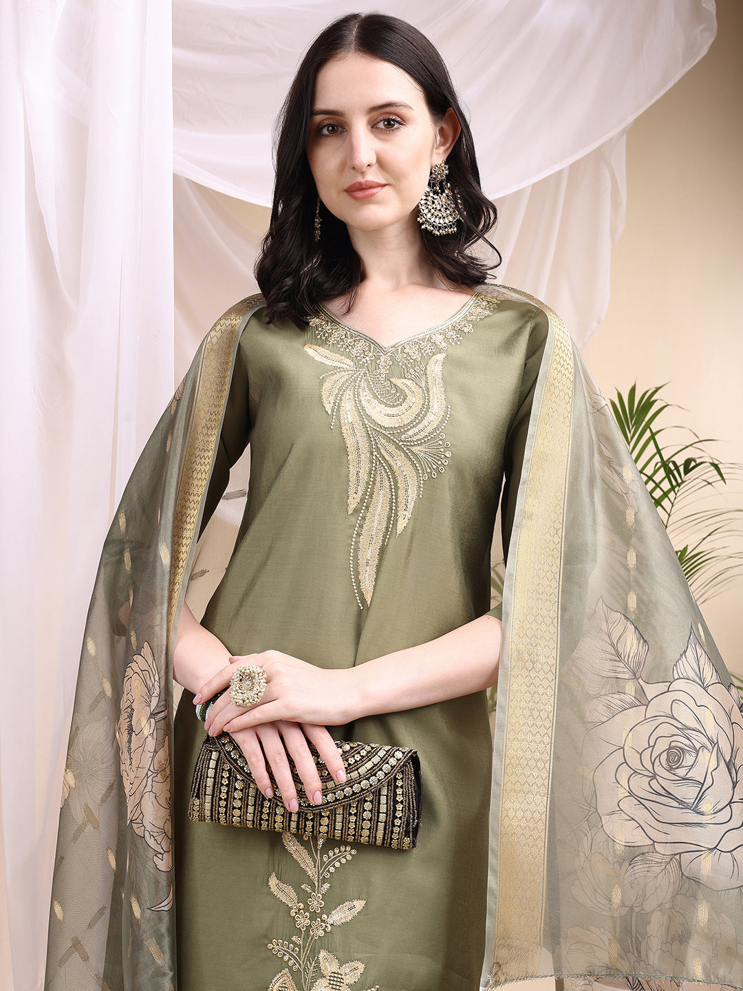 Embroidered Kurta With Pant & Printed Dupatta, Olive - Hiral Fashion