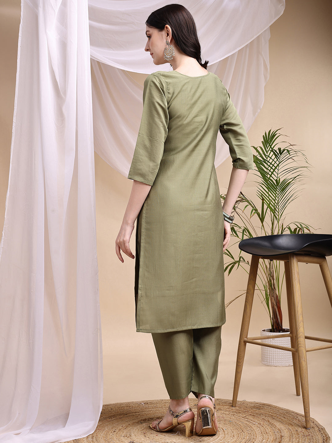 Embroidered Kurta With Pant & Printed Dupatta, Olive - Hiral Fashion