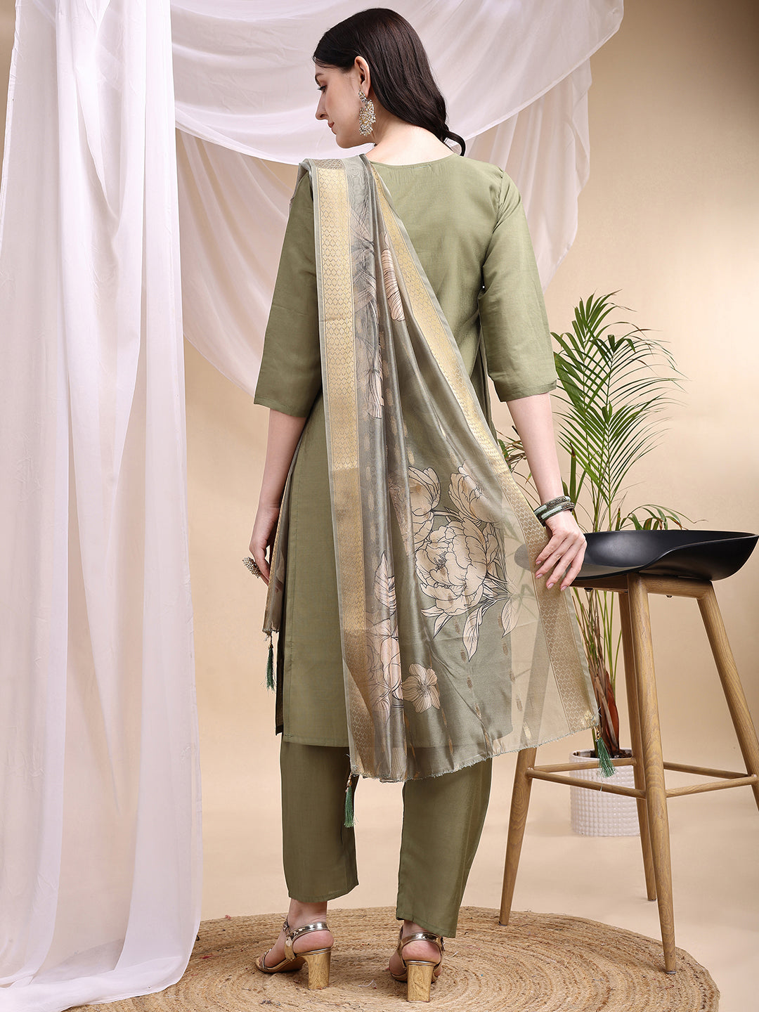 Embroidered Kurta With Pant & Printed Dupatta, Olive - Hiral Fashion