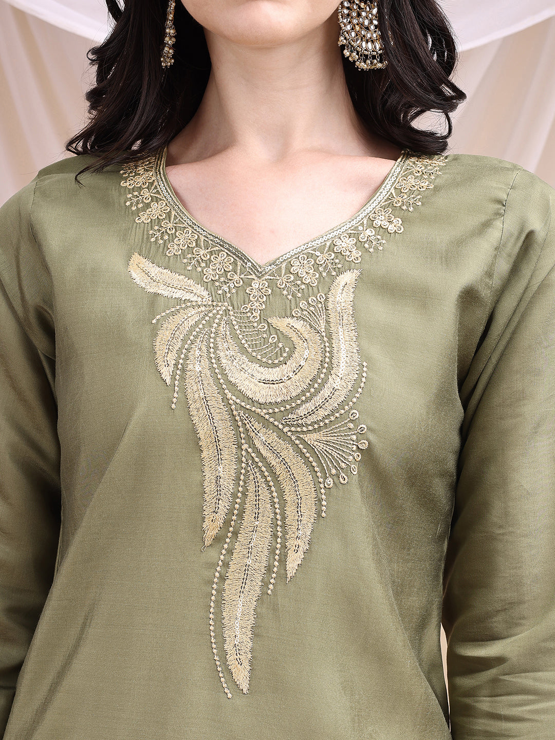 Embroidered Kurta With Pant & Printed Dupatta, Olive - Hiral Fashion