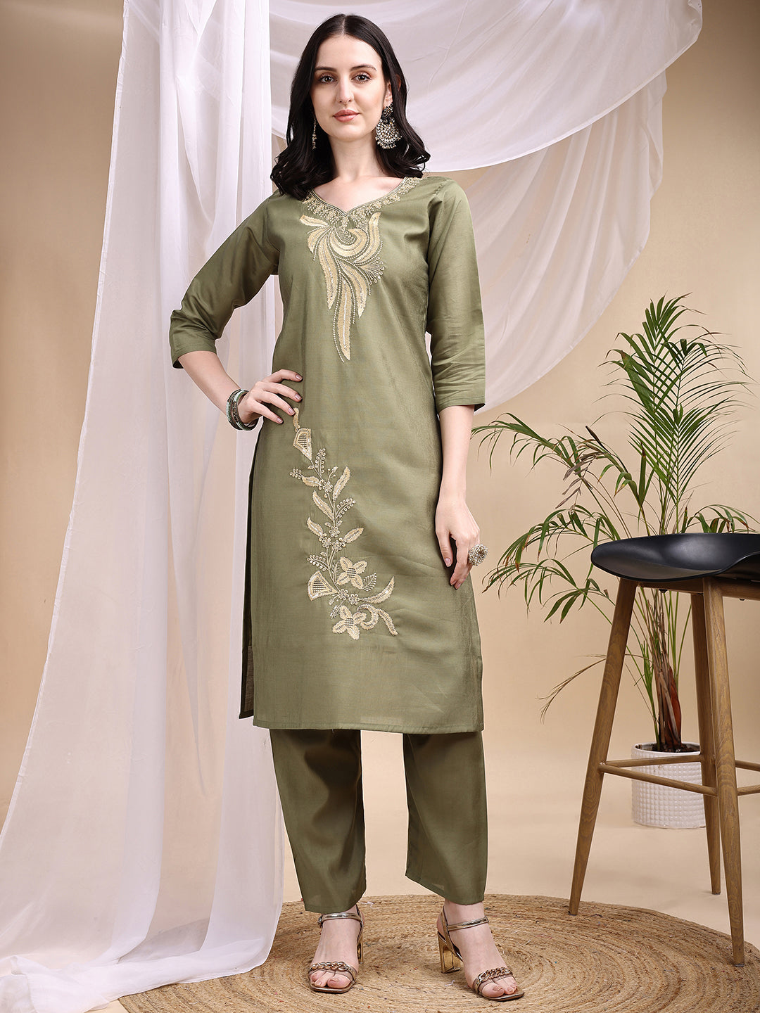 Embroidered Kurta With Pant & Printed Dupatta, Olive - Hiral Fashion