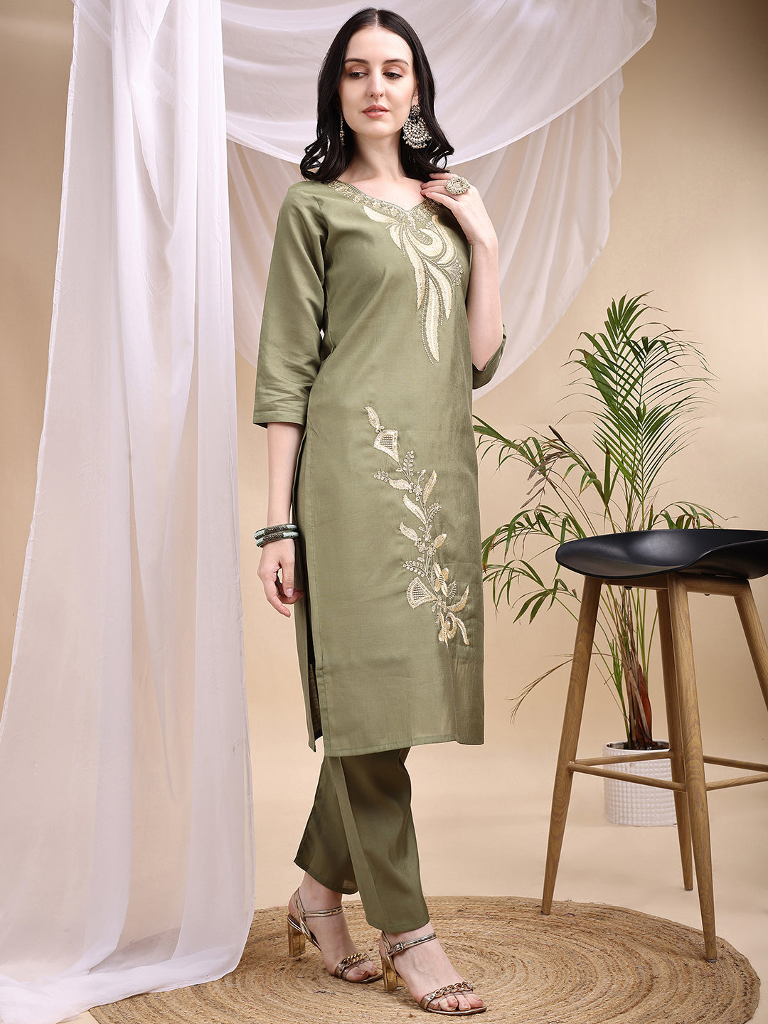 Embroidered Kurta With Pant & Printed Dupatta, Olive - Hiral Fashion