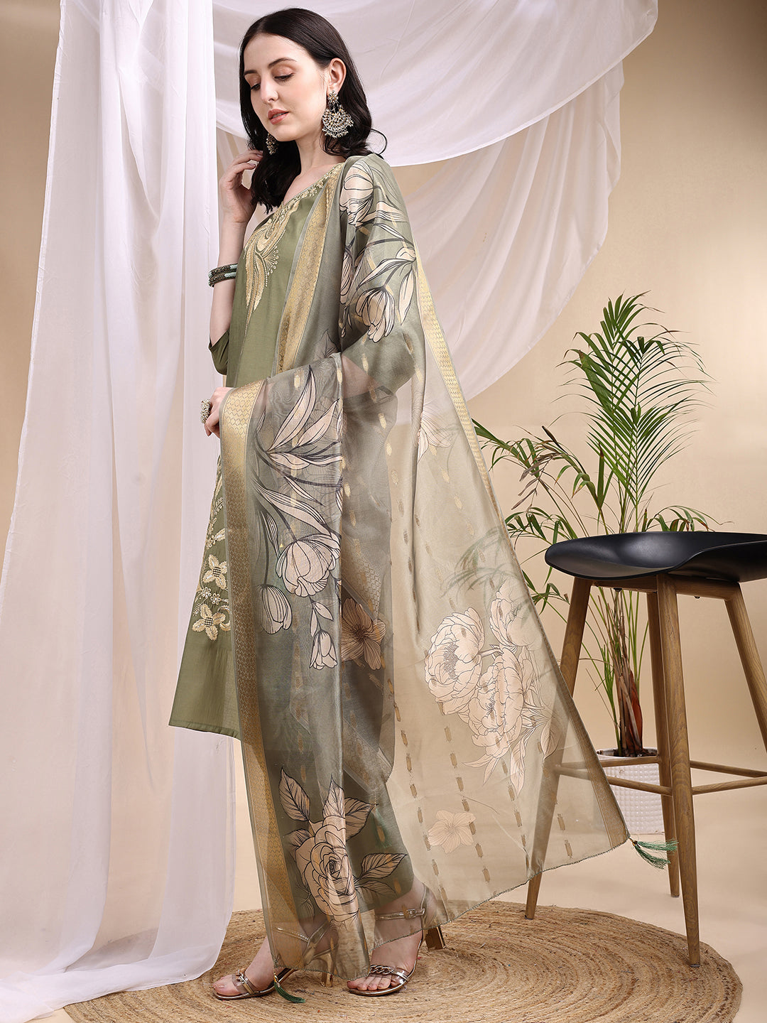 Embroidered Kurta With Pant & Printed Dupatta, Olive - Hiral Fashion