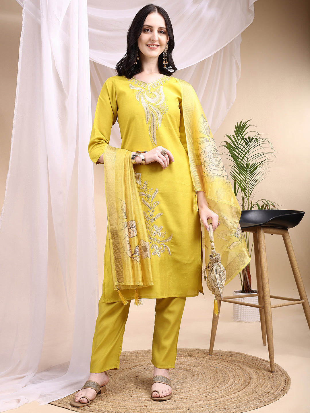Embroidered Kurta With Pant & Printed Dupatta, Yellow - Hiral Fashion