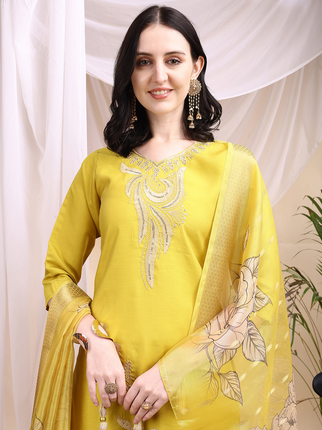 Embroidered Kurta With Pant & Printed Dupatta, Yellow - Hiral Fashion