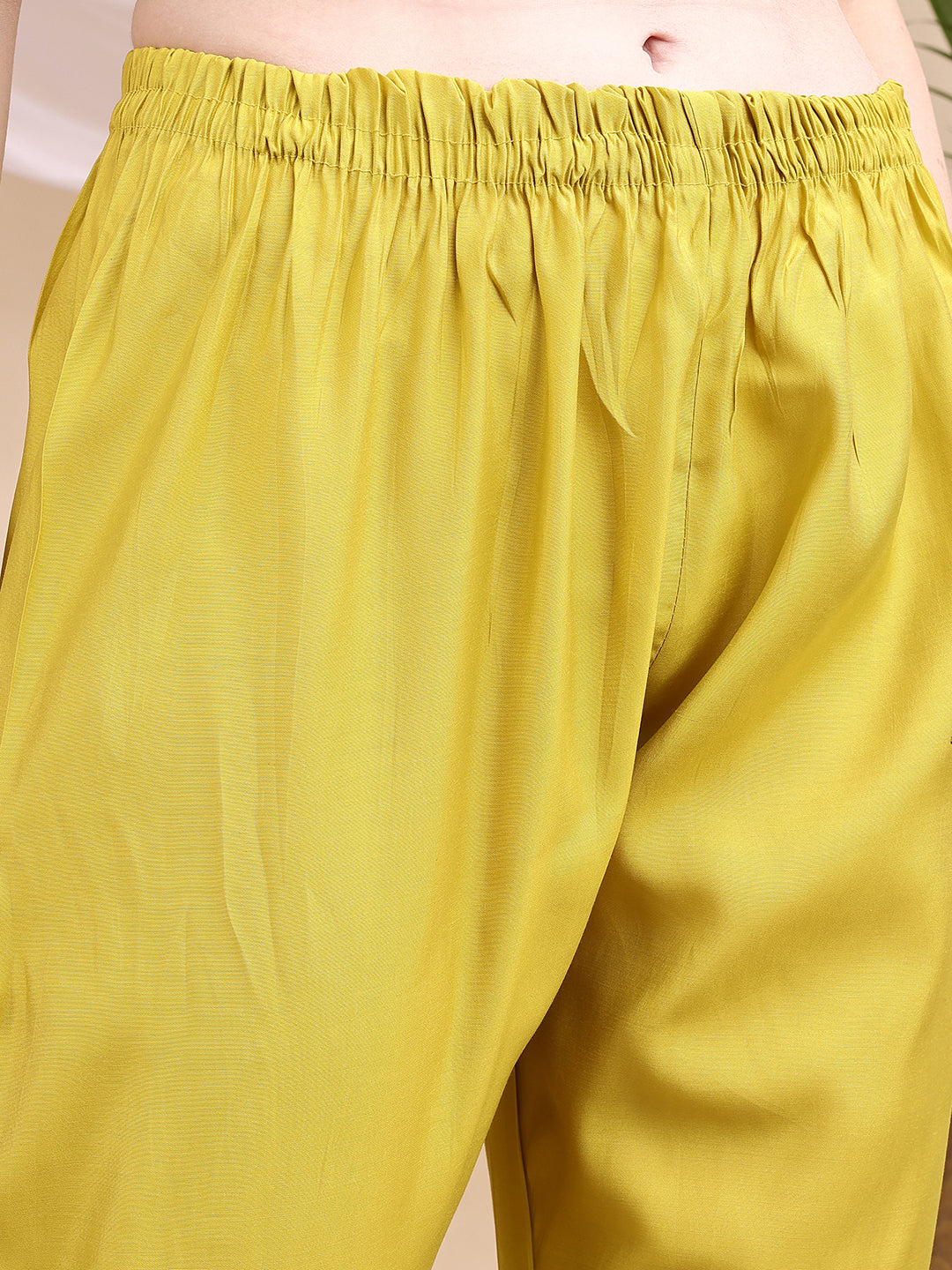 Embroidered Kurta With Pant & Printed Dupatta, Yellow - Hiral Fashion
