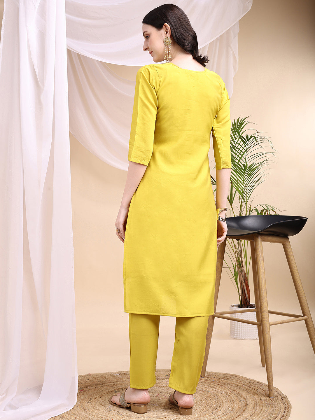 Embroidered Kurta With Pant & Printed Dupatta, Yellow - Hiral Fashion