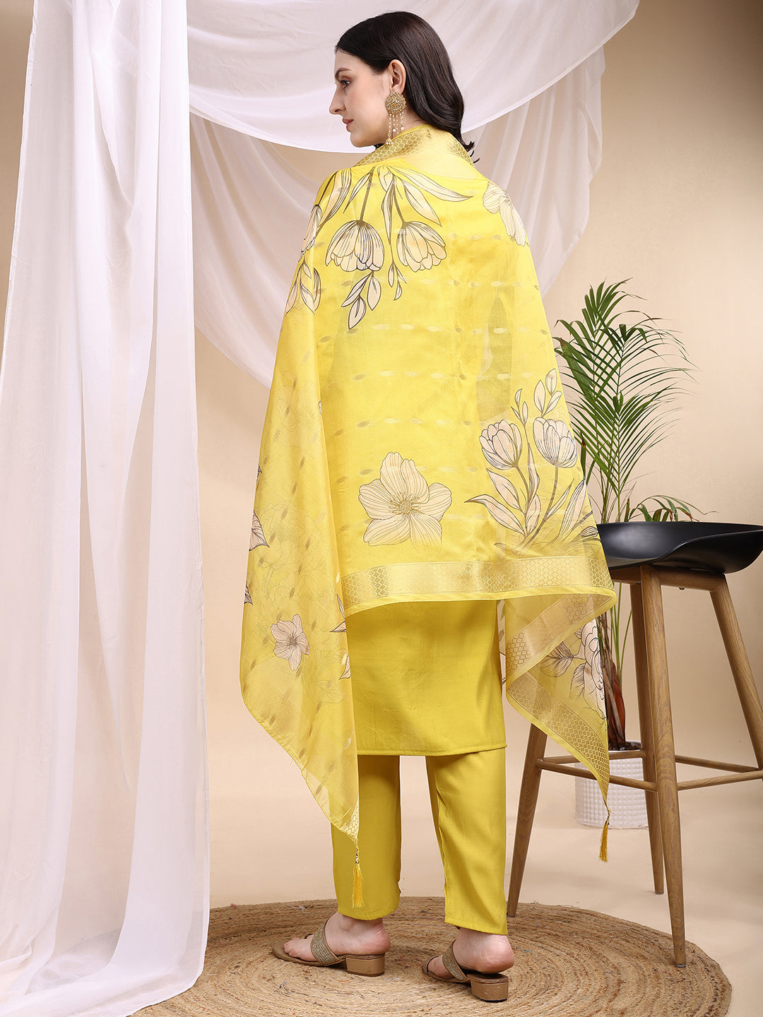Embroidered Kurta With Pant & Printed Dupatta, Yellow - Hiral Fashion