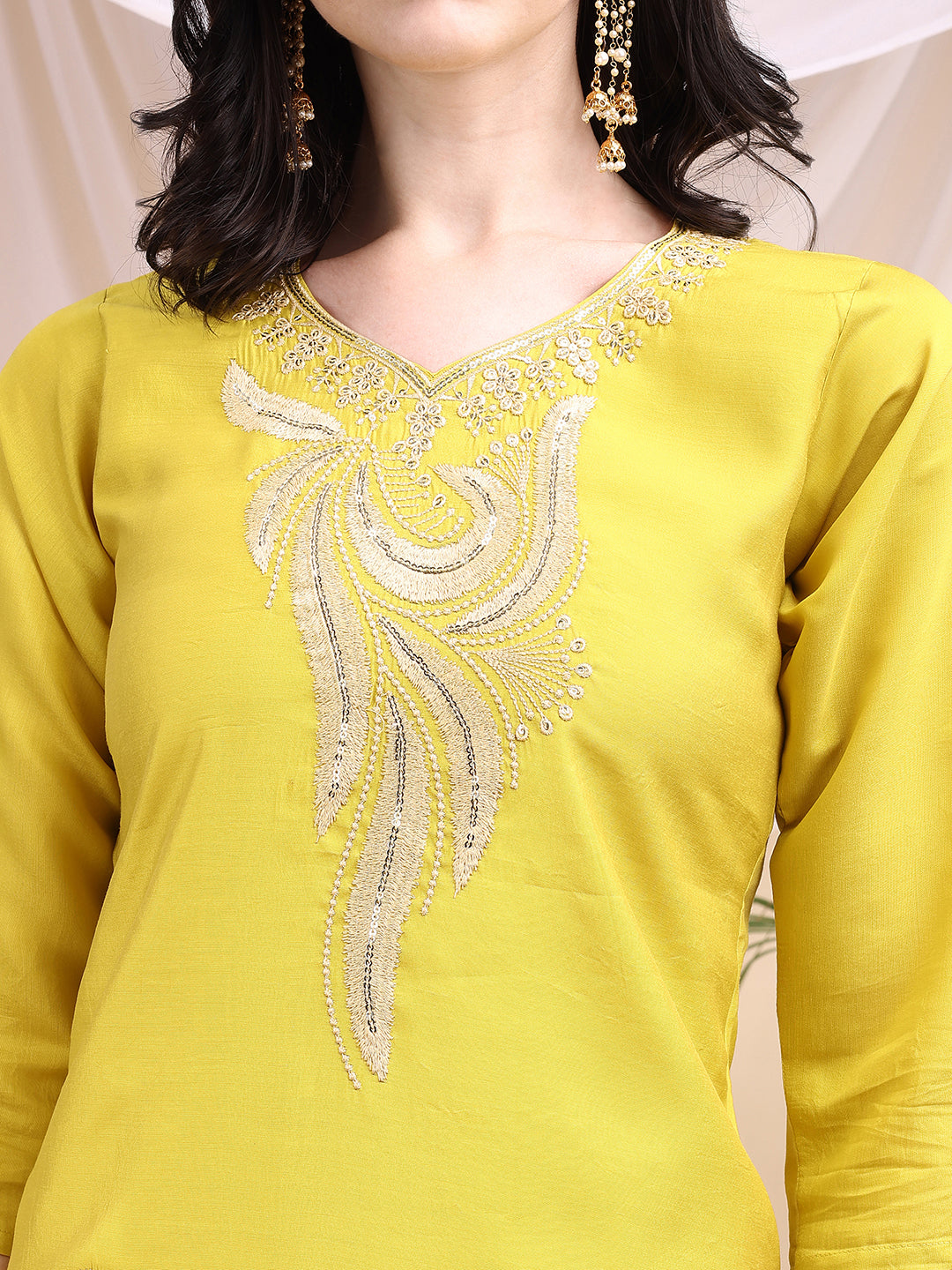 Embroidered Kurta With Pant & Printed Dupatta, Yellow - Hiral Fashion