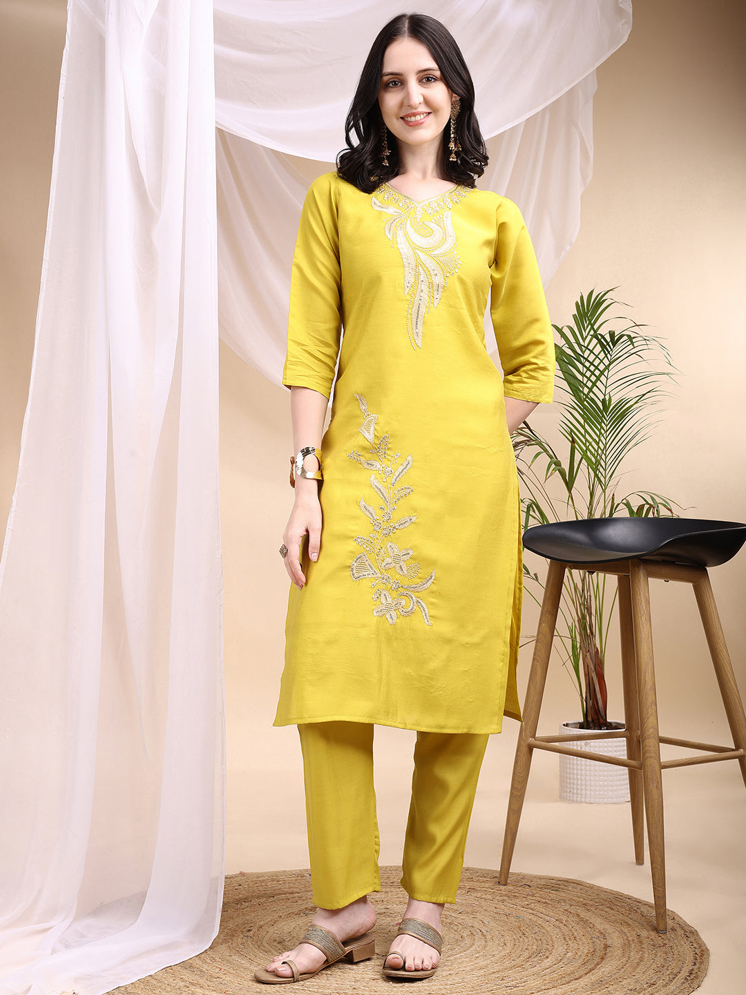 Embroidered Kurta With Pant & Printed Dupatta, Yellow - Hiral Fashion