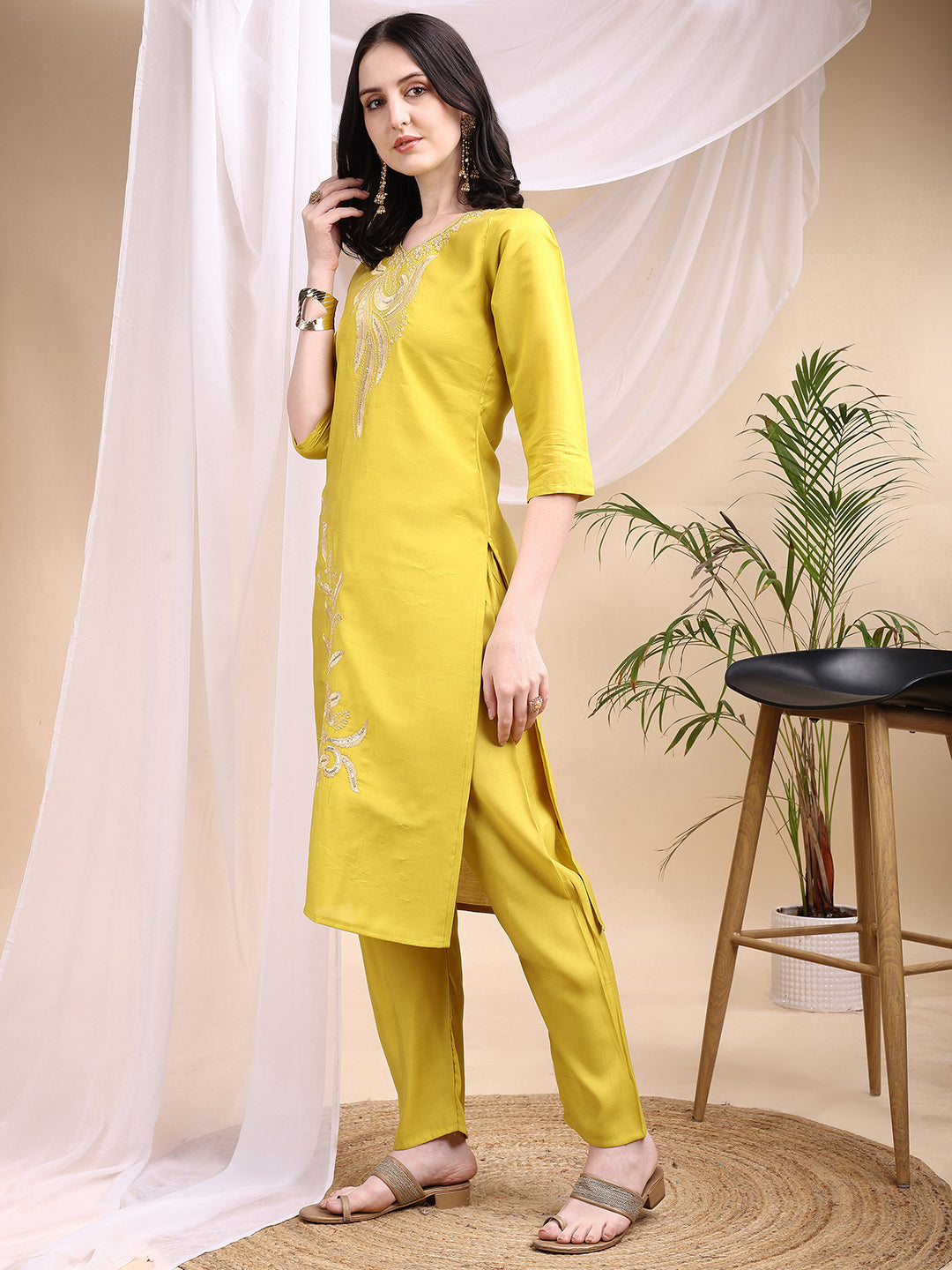Embroidered Kurta With Pant & Printed Dupatta, Yellow - Hiral Fashion