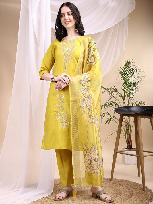 Embroidered Kurta With Pant & Printed Dupatta, Yellow - Hiral Fashion