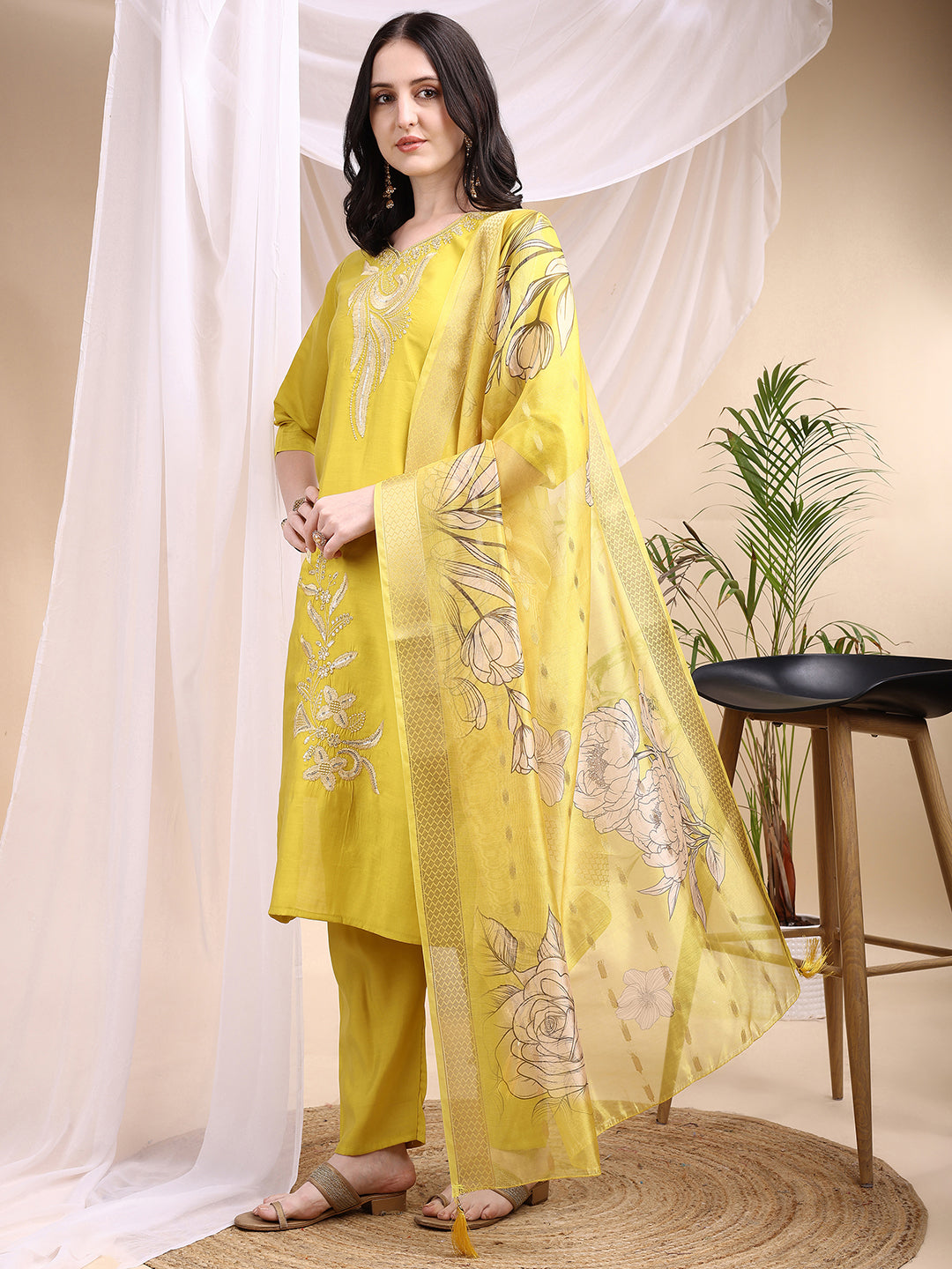 Embroidered Kurta With Pant & Printed Dupatta, Yellow - Hiral Fashion