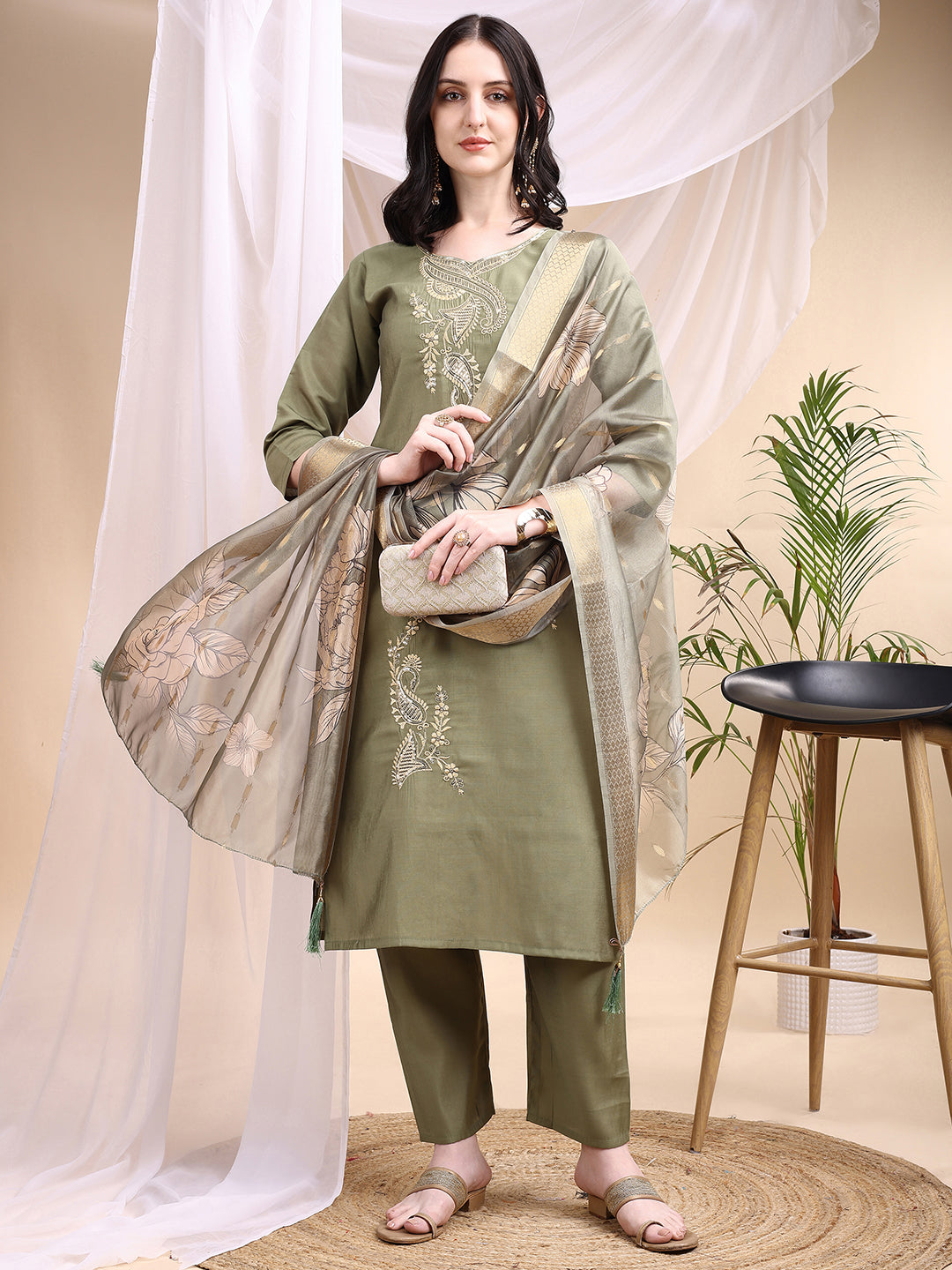 Embroidered Kurta With Pant & Printed Dupatta, Olive - Hiral Fashion