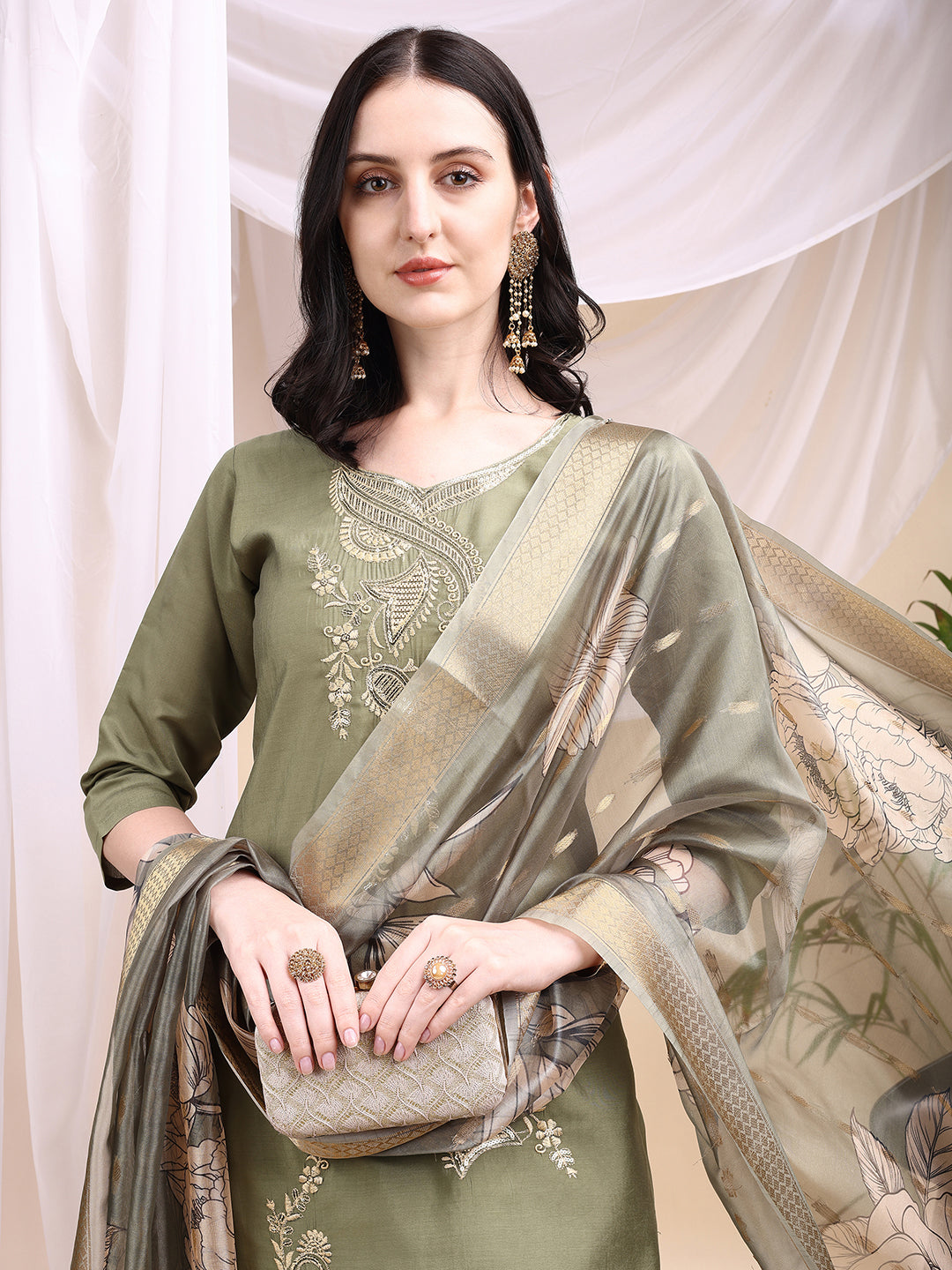 Embroidered Kurta With Pant & Printed Dupatta, Olive - Hiral Fashion