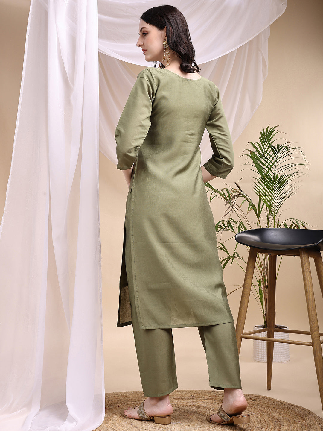Embroidered Kurta With Pant & Printed Dupatta, Olive - Hiral Fashion