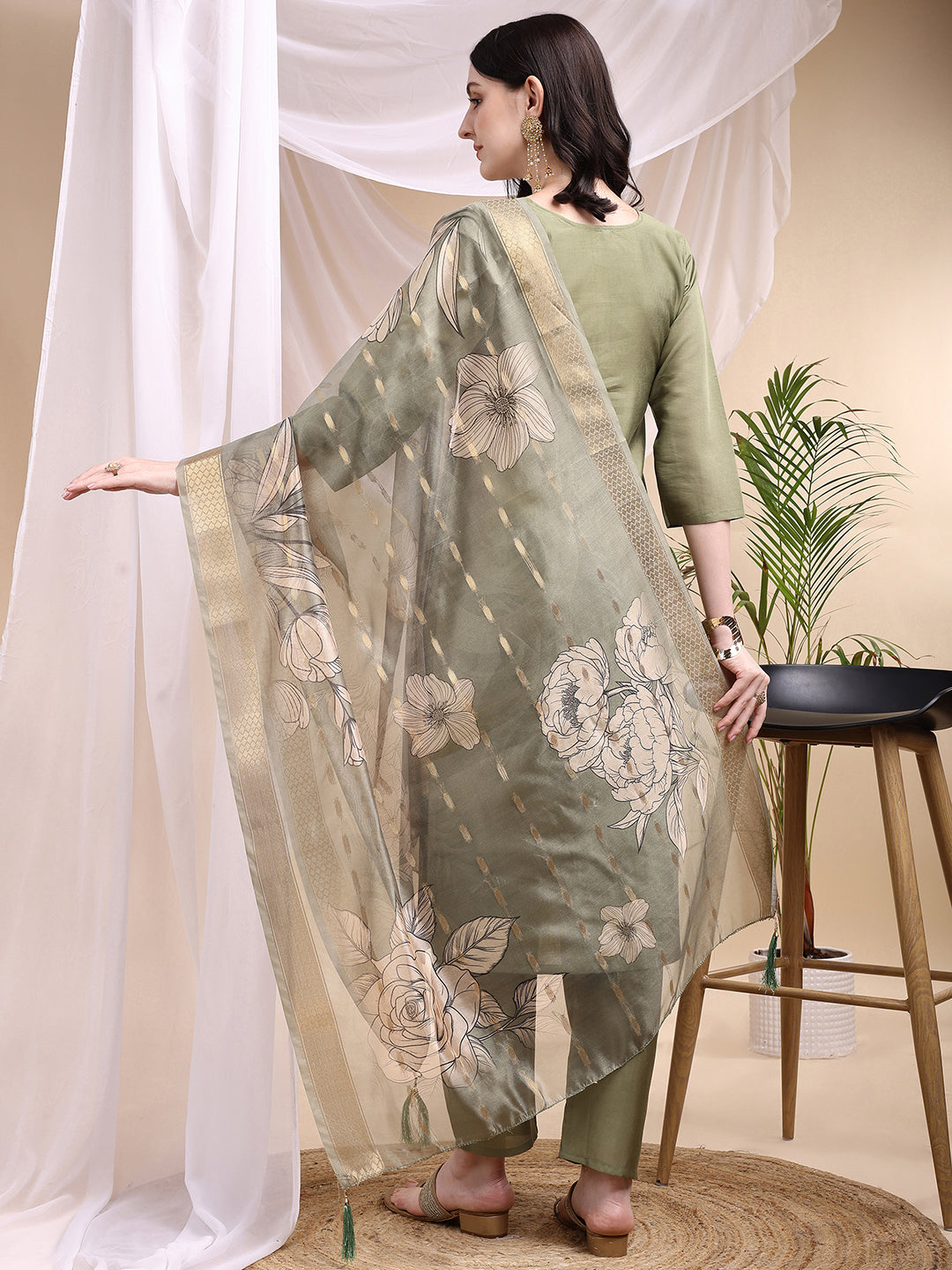 Embroidered Kurta With Pant & Printed Dupatta, Olive - Hiral Fashion