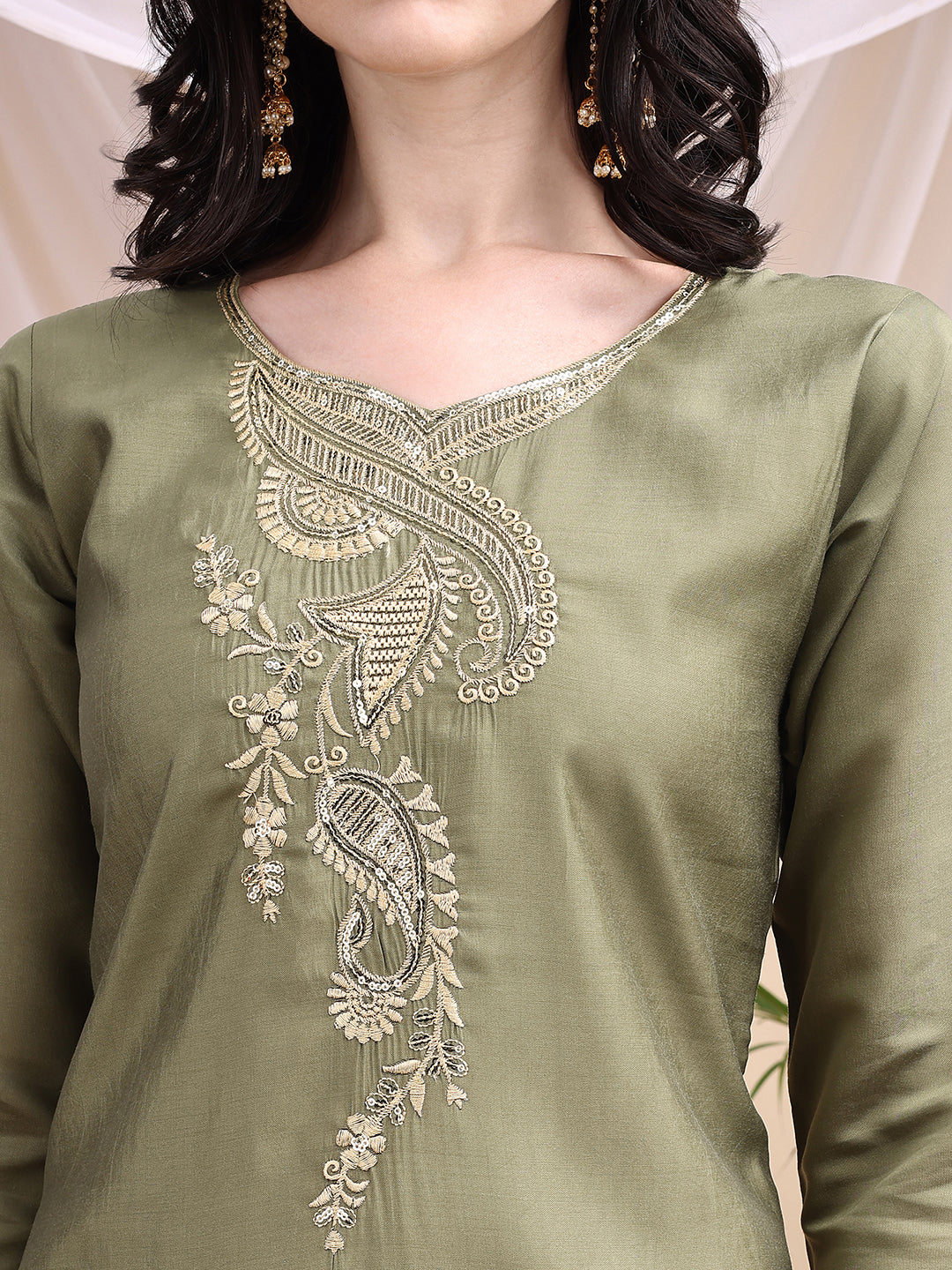 Embroidered Kurta With Pant & Printed Dupatta, Olive - Hiral Fashion