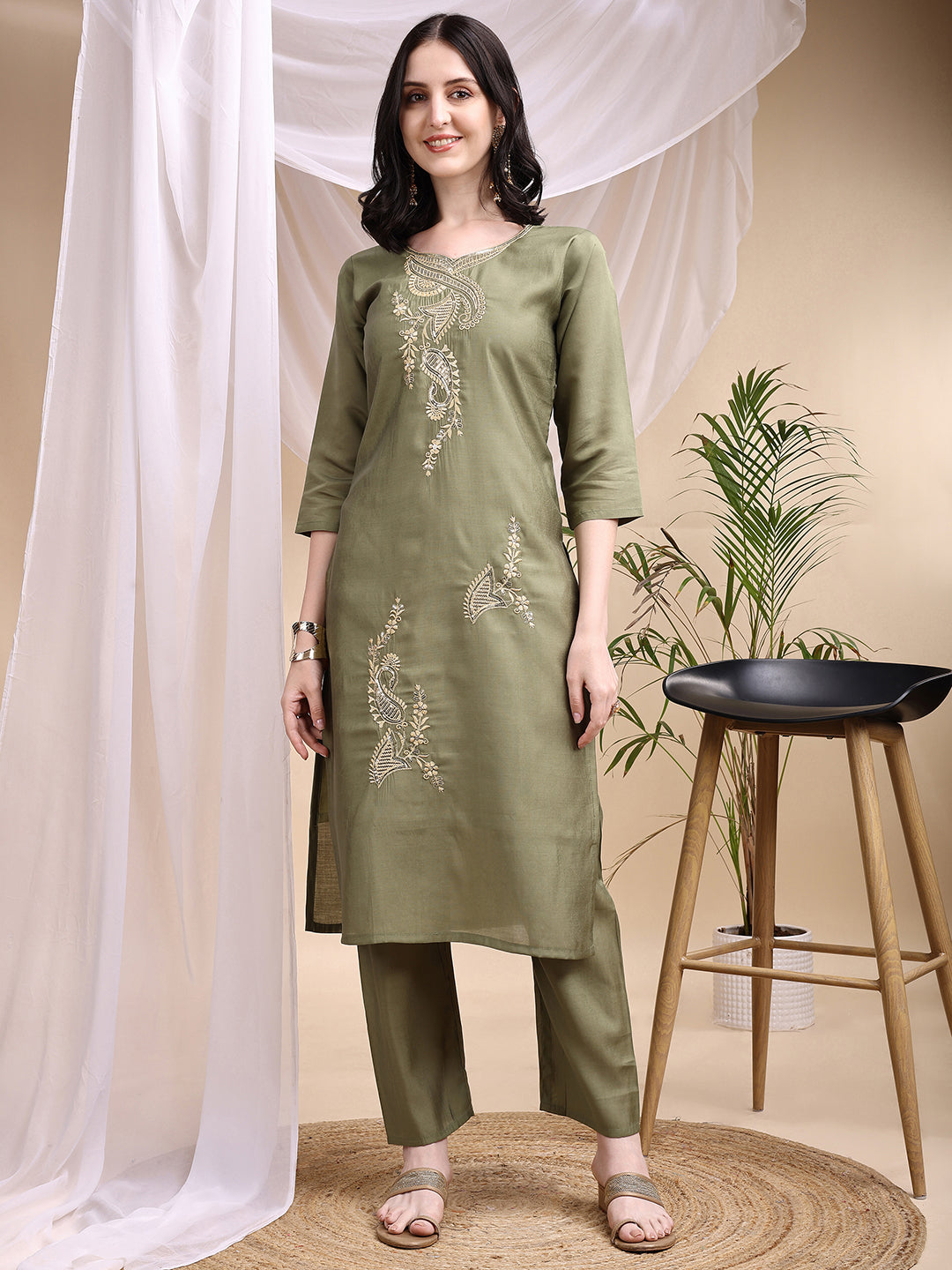 Embroidered Kurta With Pant & Printed Dupatta, Olive - Hiral Fashion