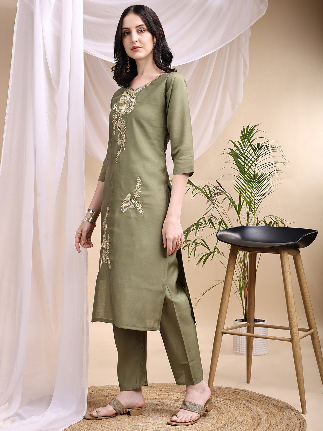 Embroidered Kurta With Pant & Printed Dupatta, Olive - Hiral Fashion