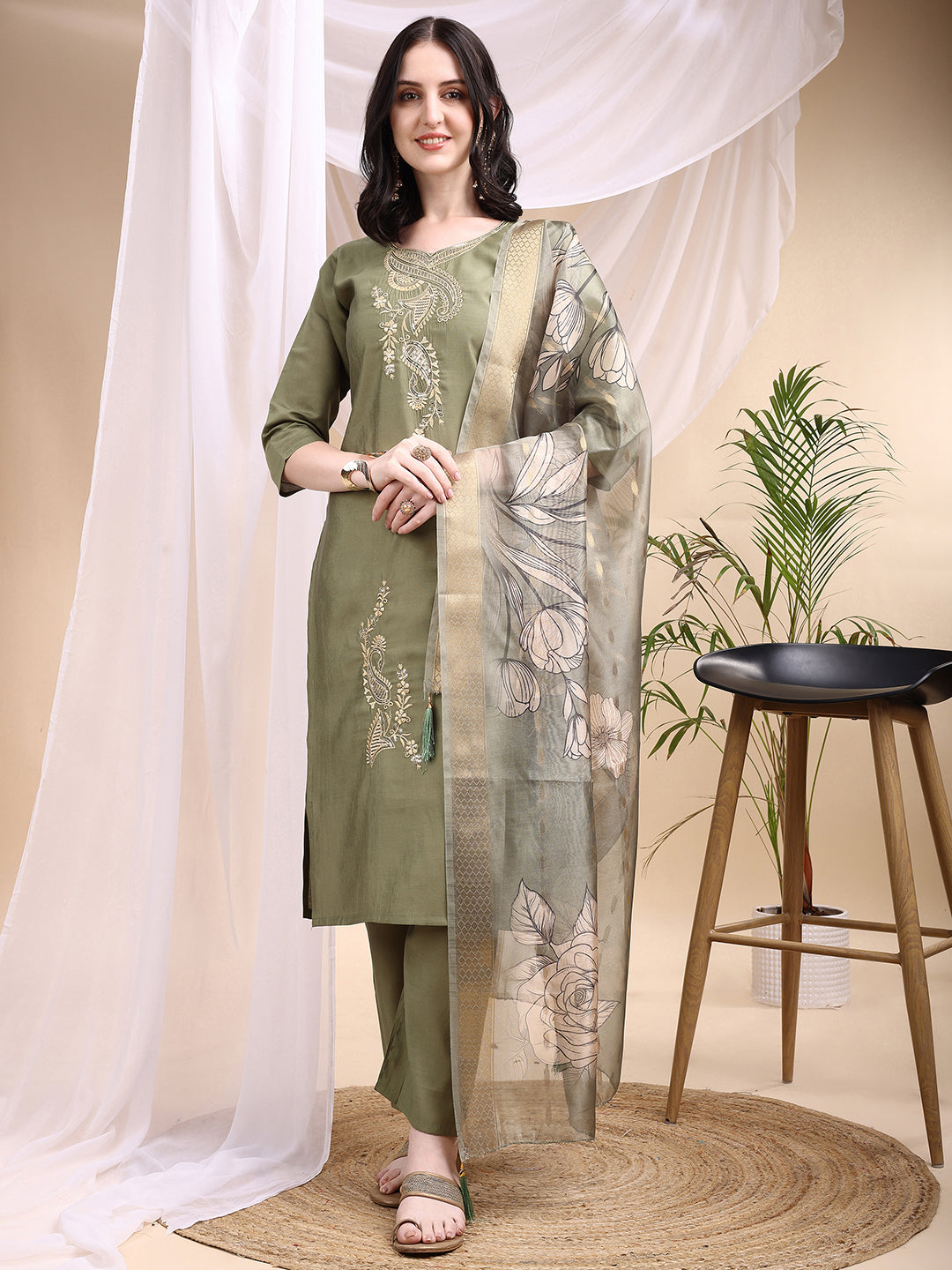 Embroidered Kurta With Pant & Printed Dupatta, Olive - Hiral Fashion