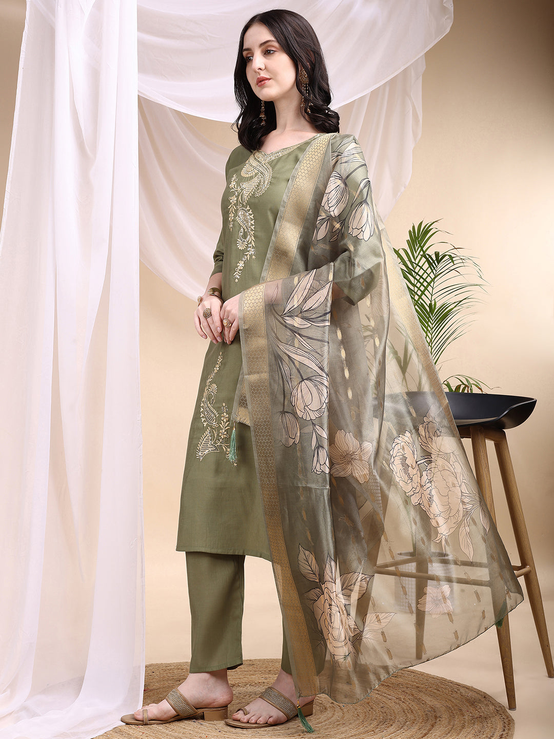 Embroidered Kurta With Pant & Printed Dupatta, Olive - Hiral Fashion