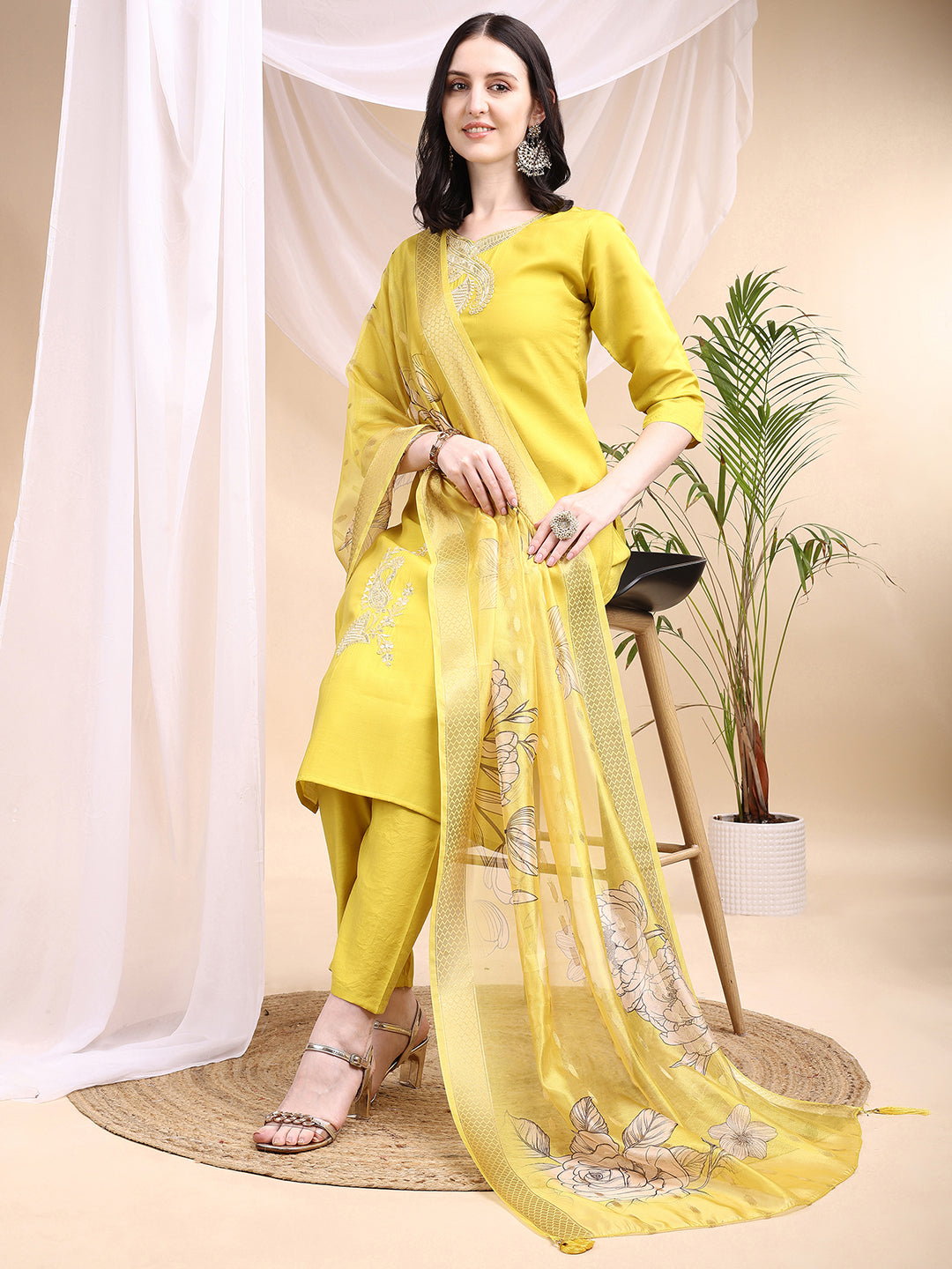 Embroidered Kurta With Pant & Printed Dupatta, Yellow - Hiral Fashion