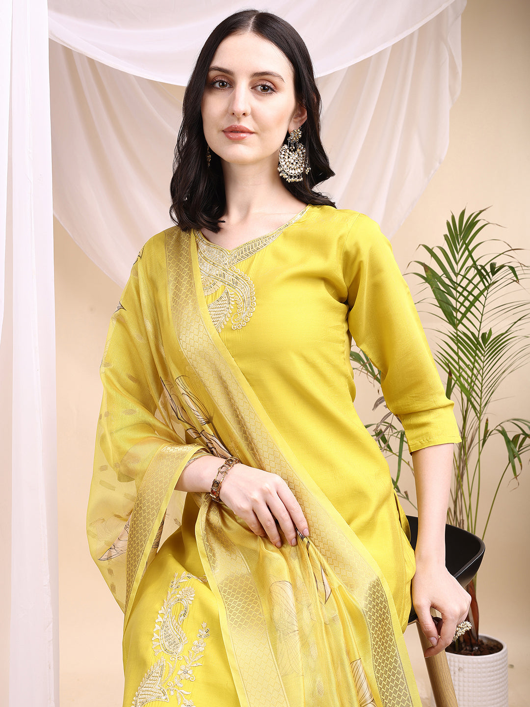 Embroidered Kurta With Pant & Printed Dupatta, Yellow - Hiral Fashion
