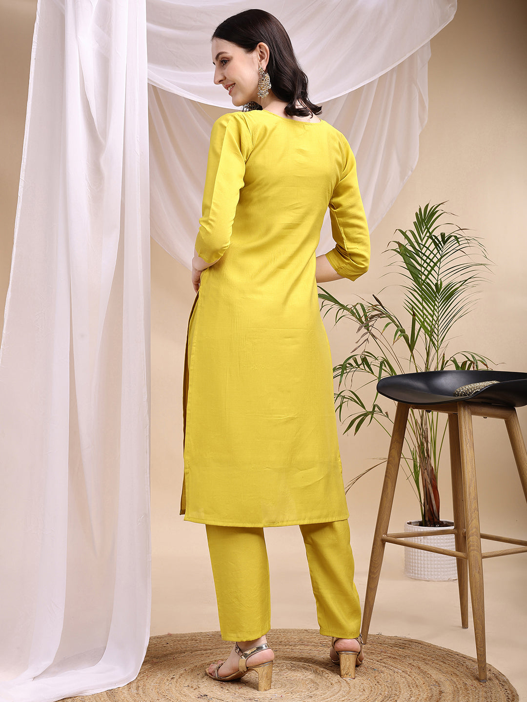 Embroidered Kurta With Pant & Printed Dupatta, Yellow - Hiral Fashion