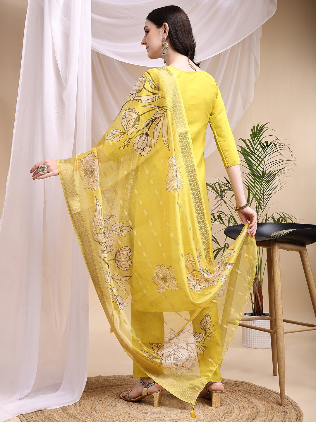 Embroidered Kurta With Pant & Printed Dupatta, Yellow - Hiral Fashion