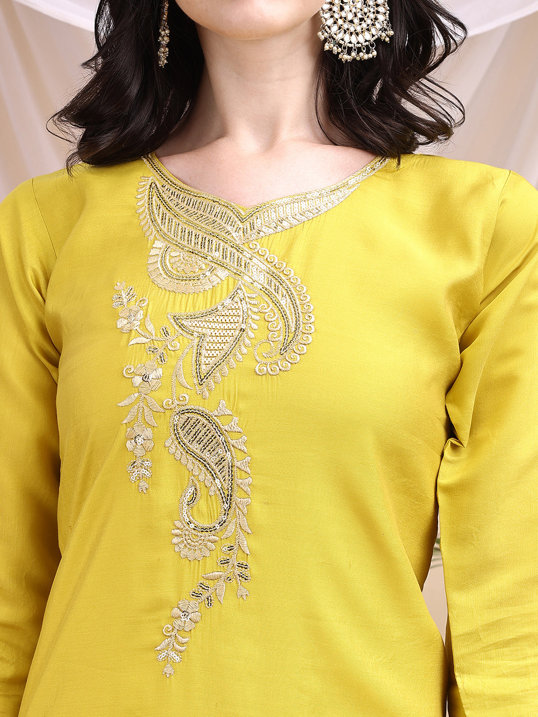Embroidered Kurta With Pant & Printed Dupatta, Yellow - Hiral Fashion