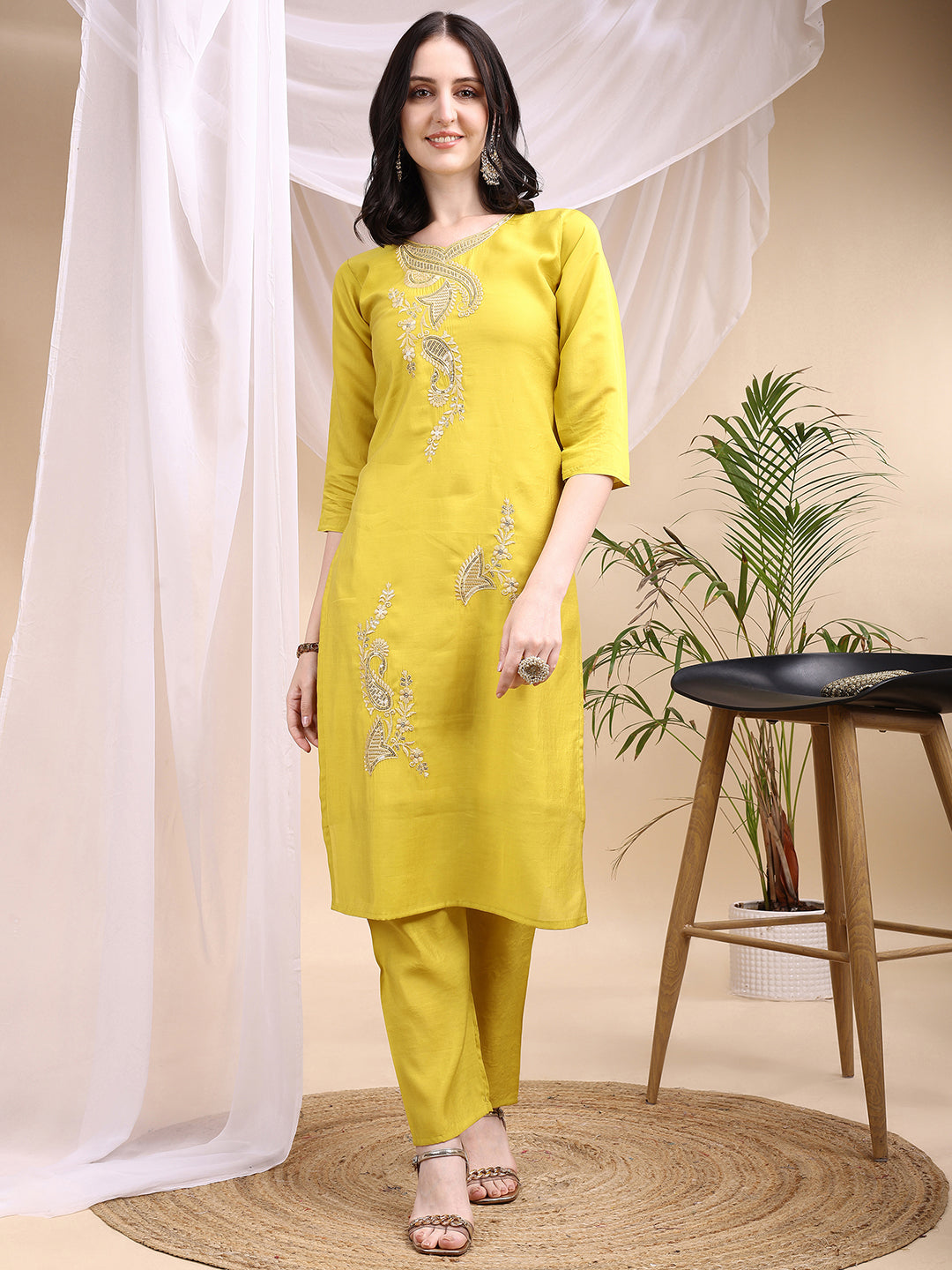 Embroidered Kurta With Pant & Printed Dupatta, Yellow - Hiral Fashion