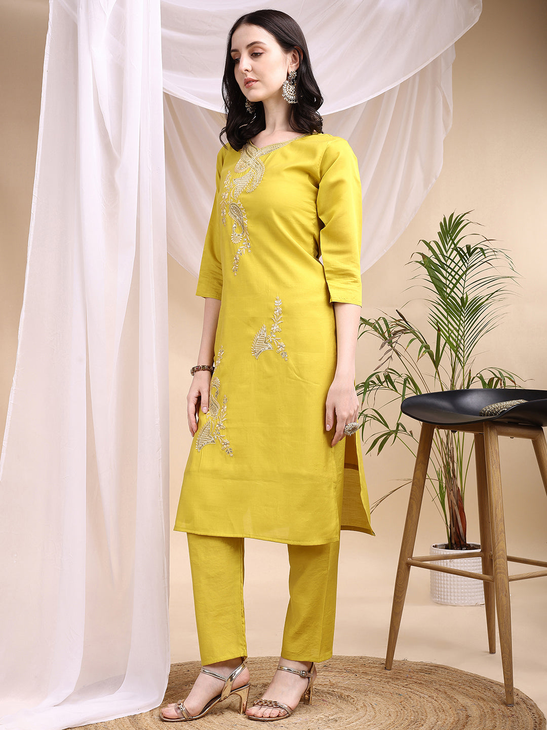 Embroidered Kurta With Pant & Printed Dupatta, Yellow - Hiral Fashion