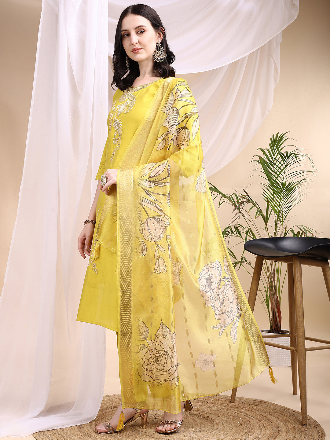 Embroidered Kurta With Pant & Printed Dupatta, Yellow - Hiral Fashion
