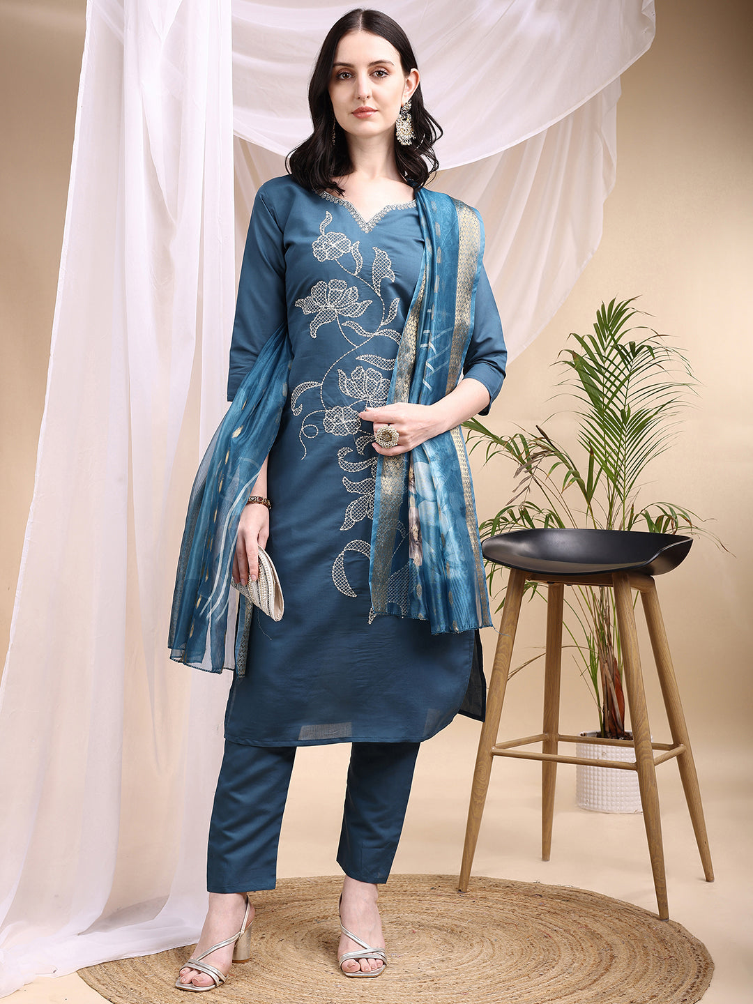 Embroidered Kurta With Pant & Printed Dupatta, Blue - Hiral Fashion
